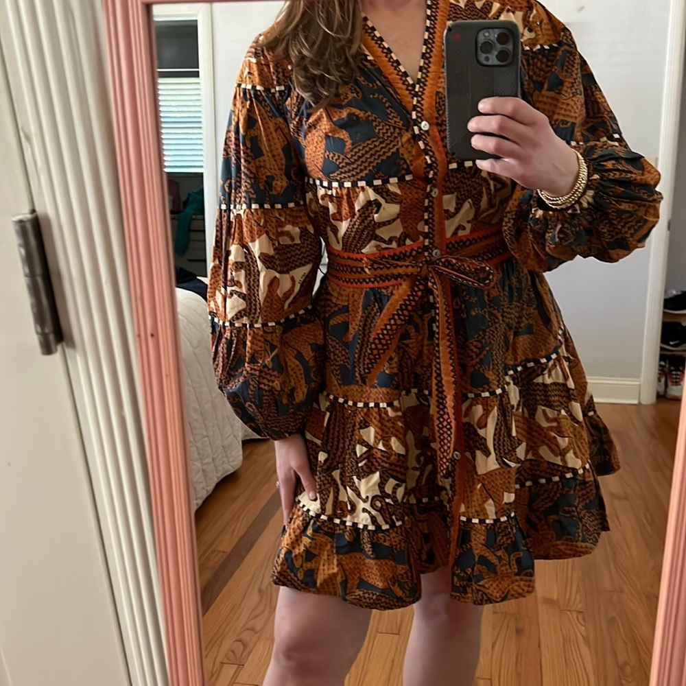 FARM Rio Long Sleeve Print Mini Dress with sash medium - Picture 5 of 16